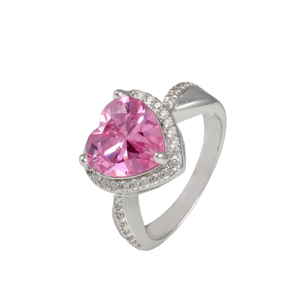 Adore ring with rhodium plating over brass, pink & white cubic zirconia stones. Sizes: 5-10
