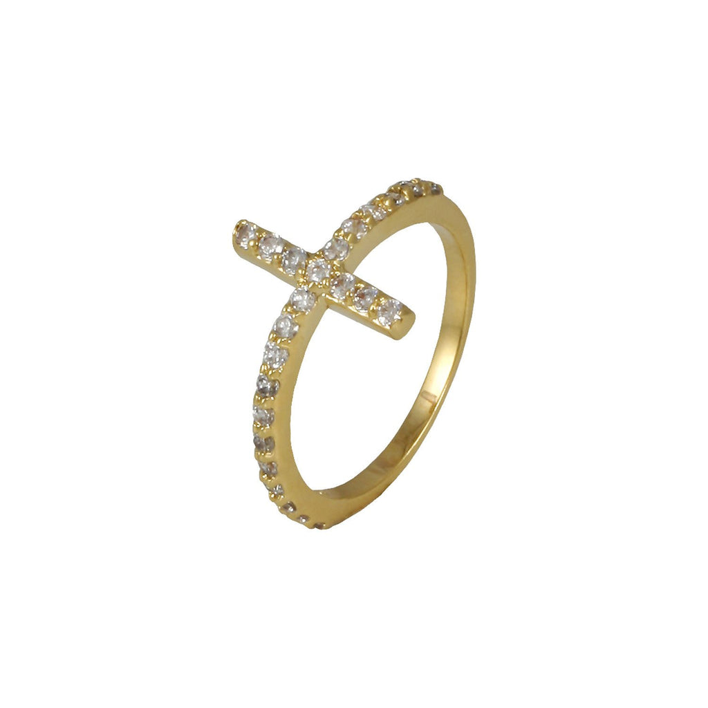 Angelic ring with gold plating over brass & white cubic zirconia stones. Sizes: 5-10