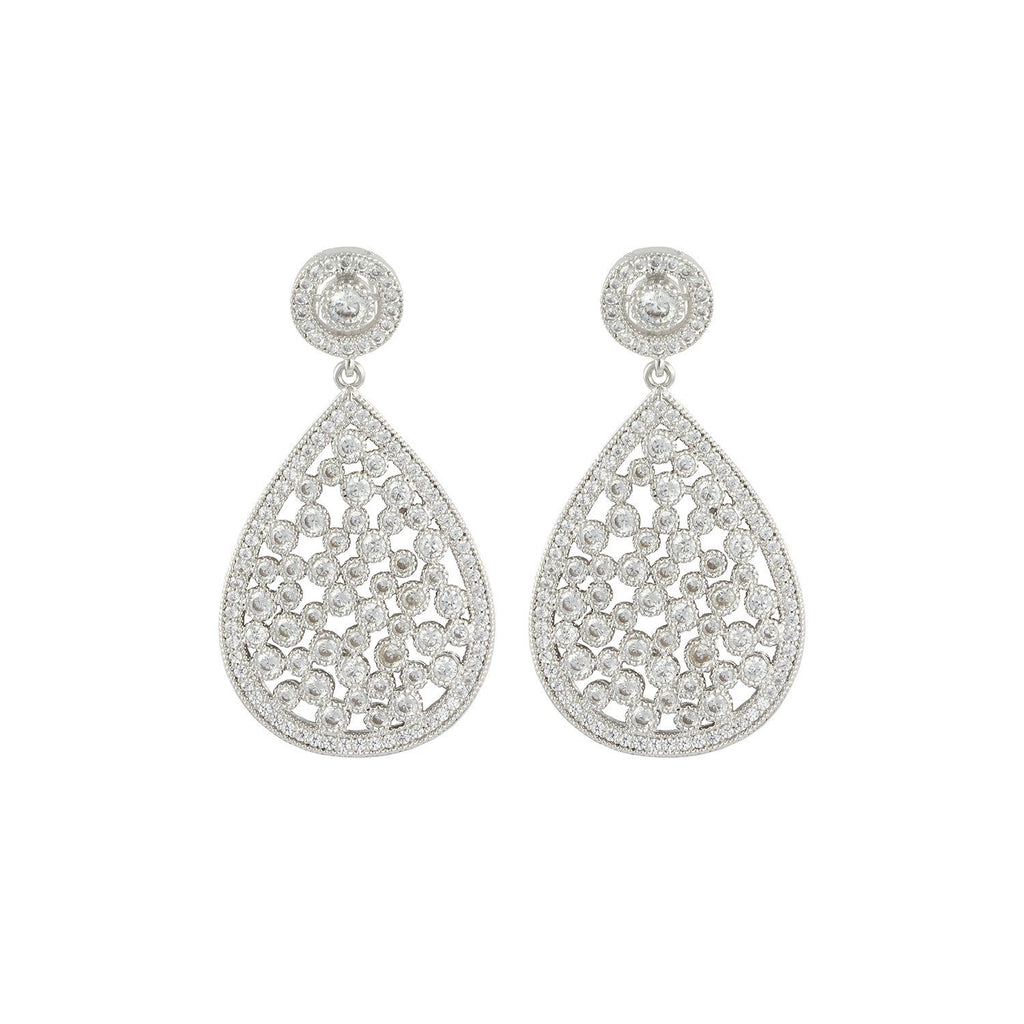 Attraction earrings with rhodium plating over brass & white cubic zirconia stones
