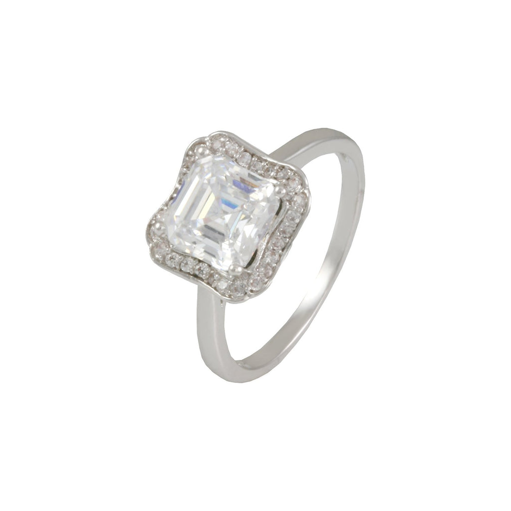 Beaming ring with rhodium plating over brass & white cubic zirconia stones. Sizes: 5-10