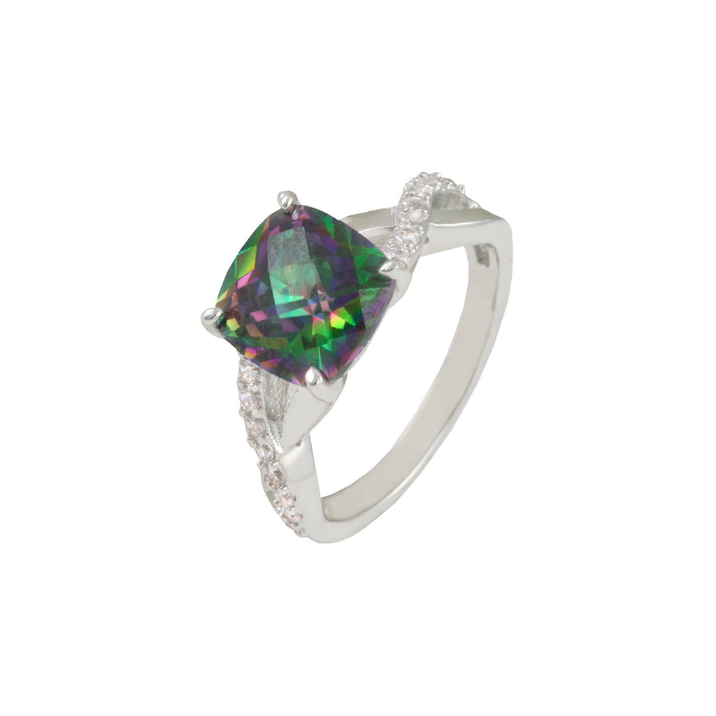 Brilliance ring with rhodium plating over brass, Mystic Fire Topaz & white Cubic Zirconia stones. Sizes: 5-10