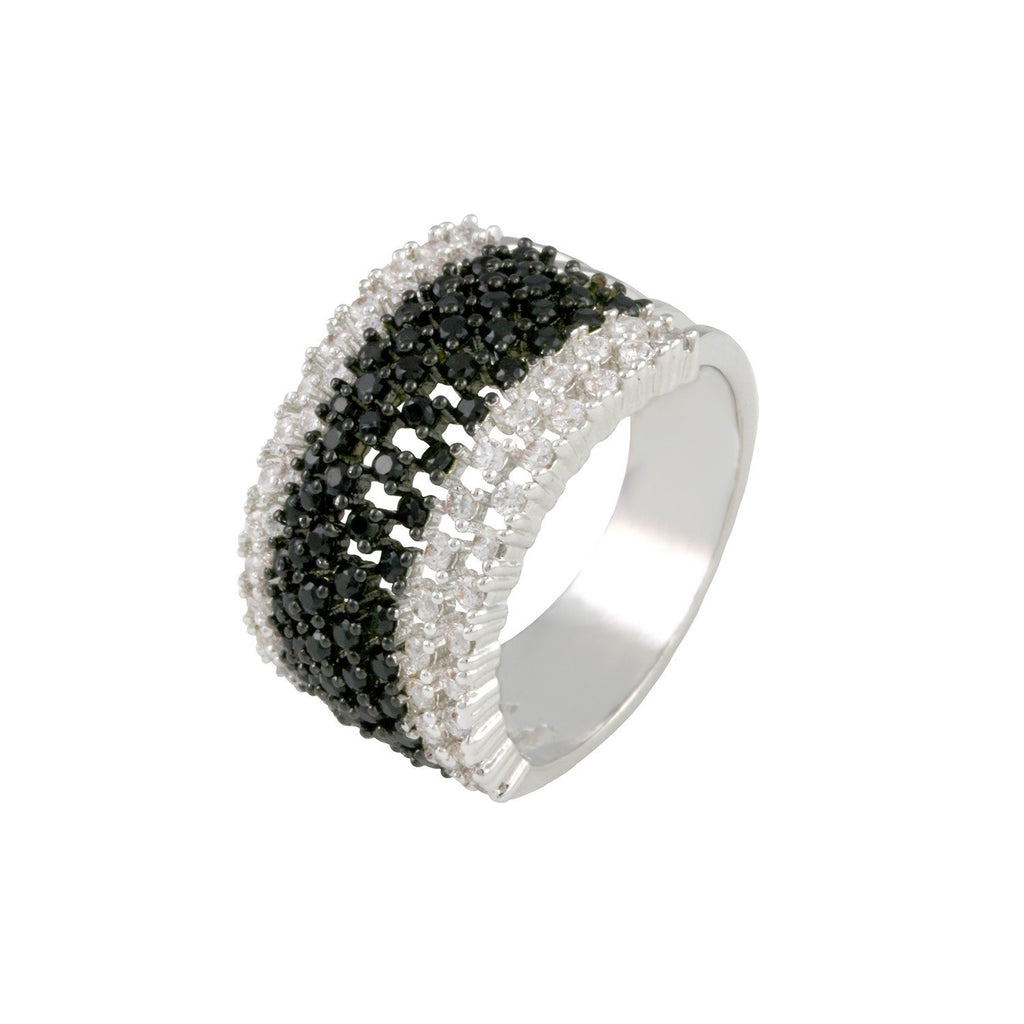 Checkmate ring with rhodium & black rhodium  plating over brass, jet & white cubic zirconia stones