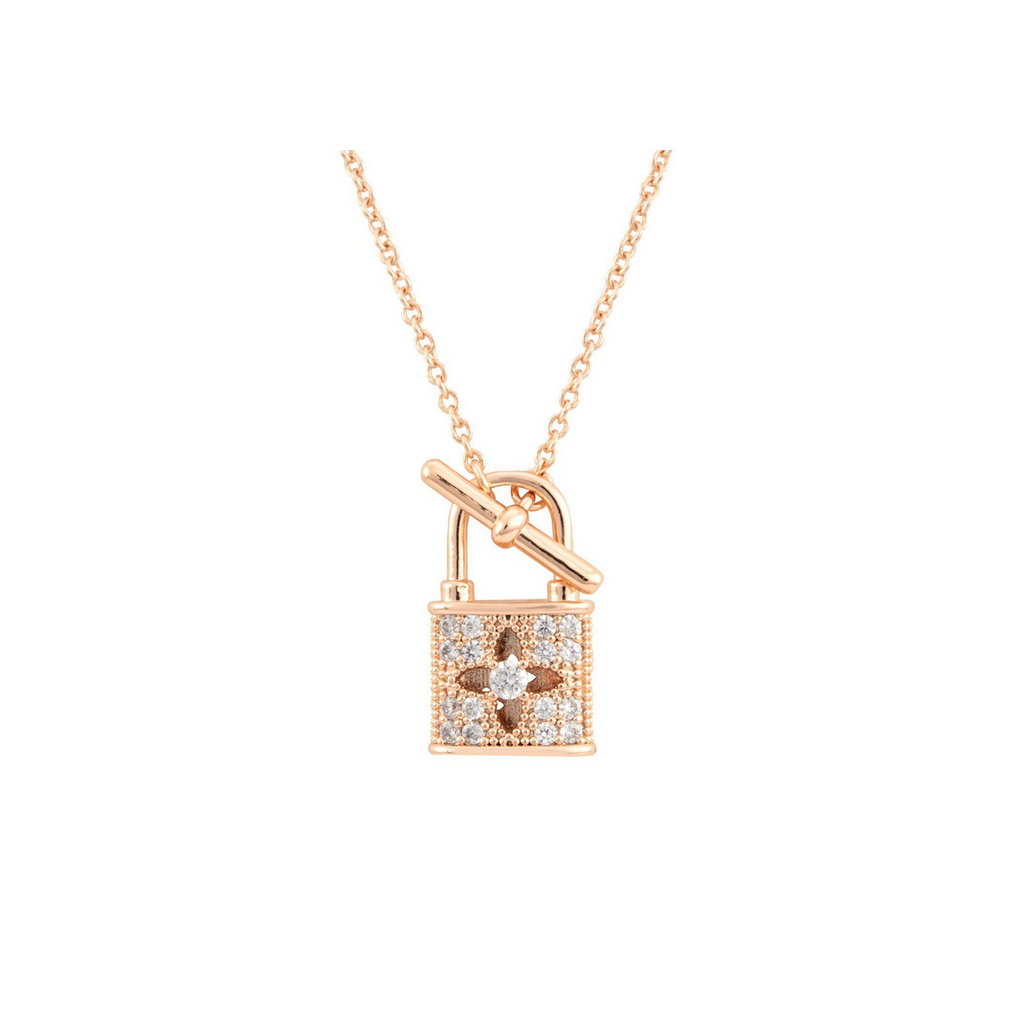 Connection necklace with rose gold plating over brass & white cubic zirconia stones on 16"+3" cable chain
