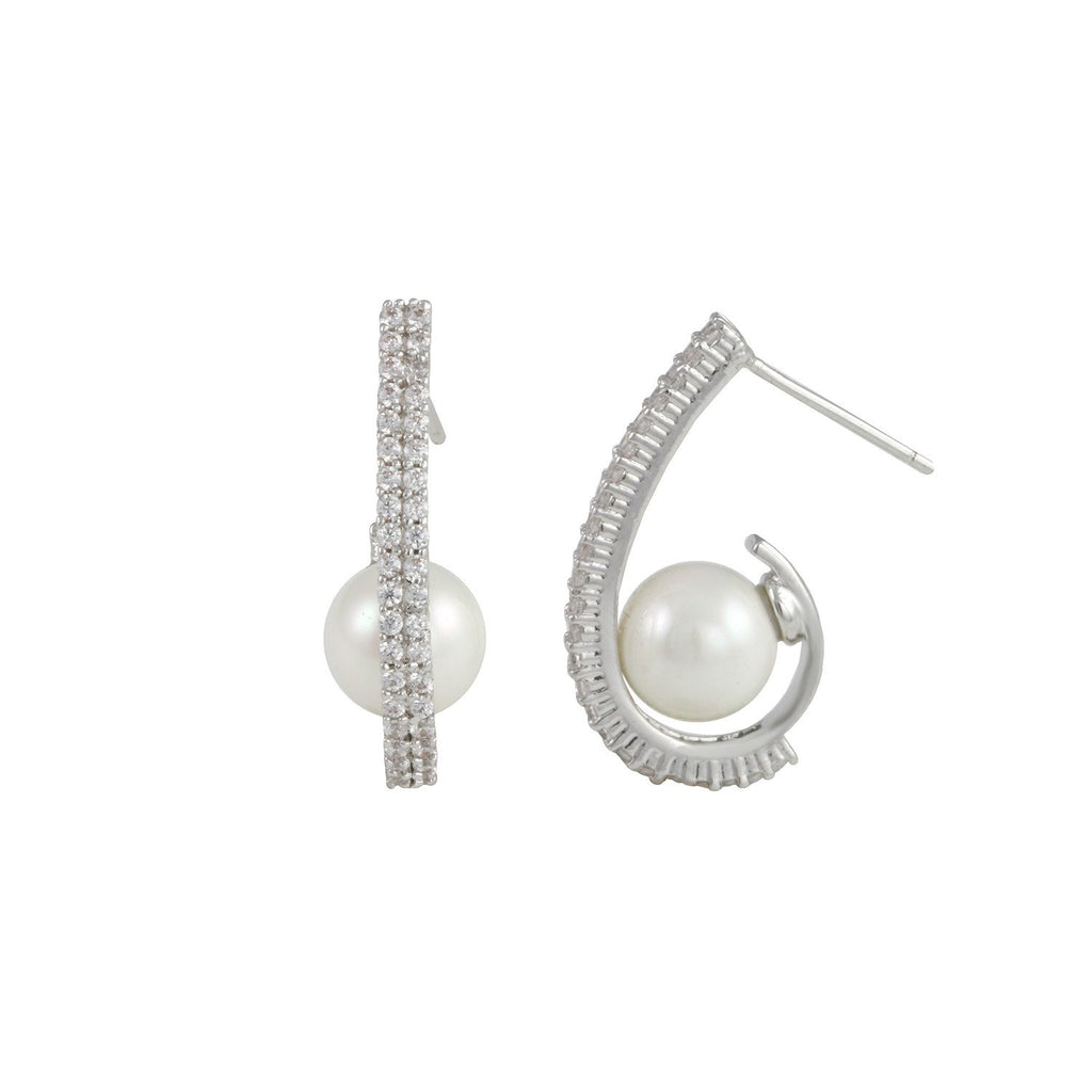 Cupcake earrings with rhodium plating over brass, faux pearl & white cubic zirconia stones