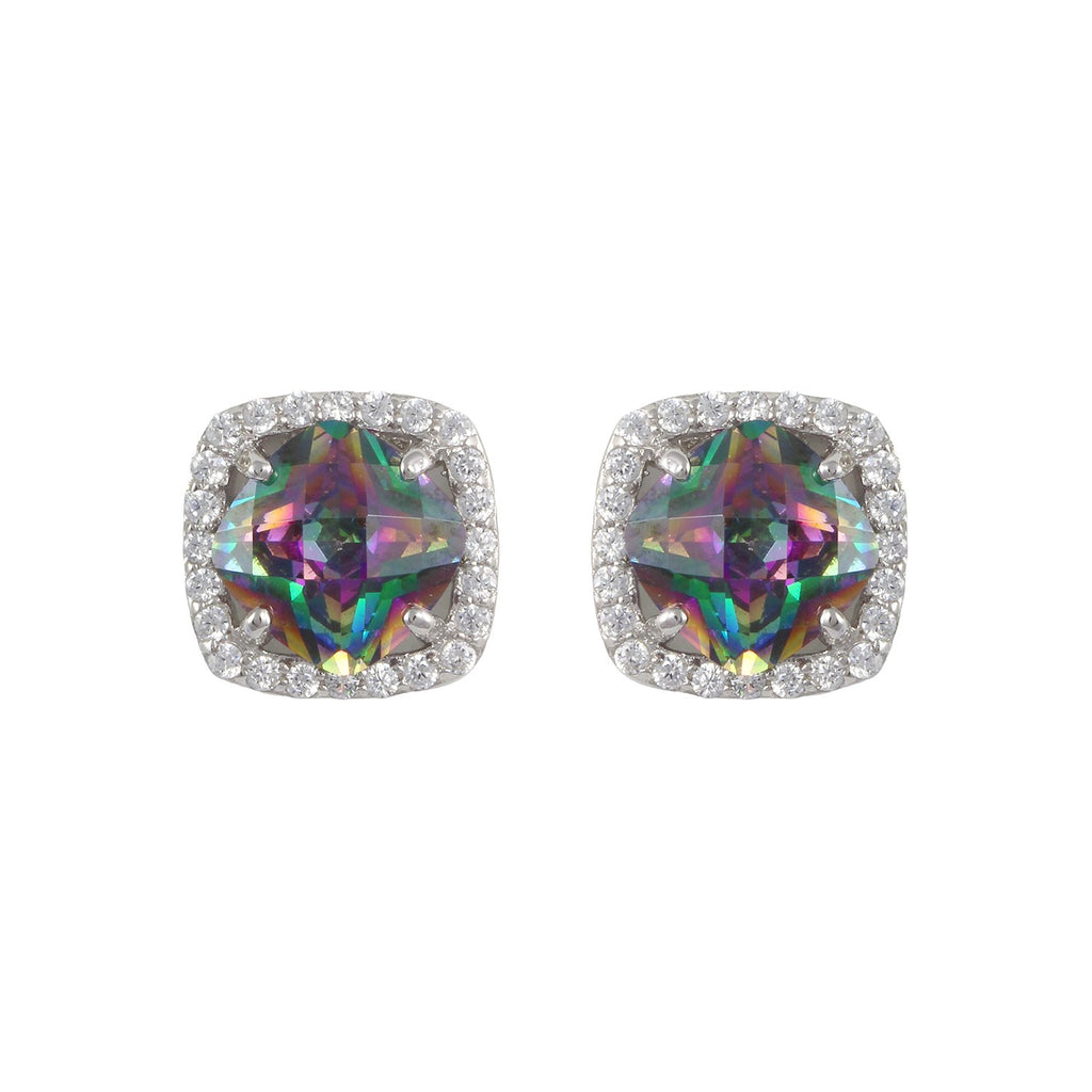 Flare earrings with rhodium plating over brass, fire mystic topaz & white cubic zirconia stones
