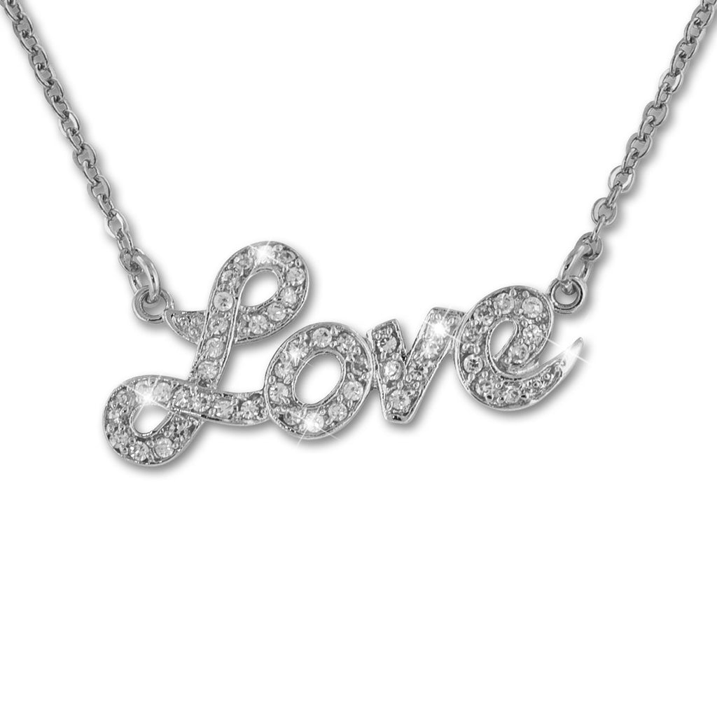 Love necklace with rhodium plating over brass & white cubic zirconia stones on 16"+3" cable chain