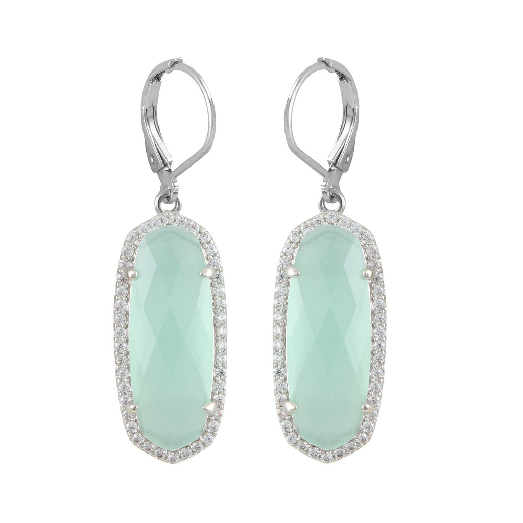 Minty earrings with rhodium plating over brass, light green glass & white cubic zirconia stones 
