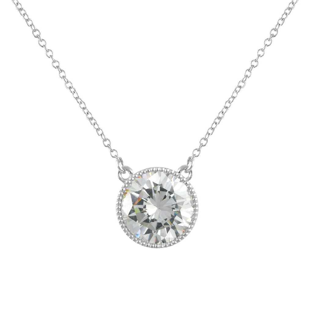 Moonshot necklace with rhodium plating over brass & white cubic zirconia stones on 16"+3" cable chain