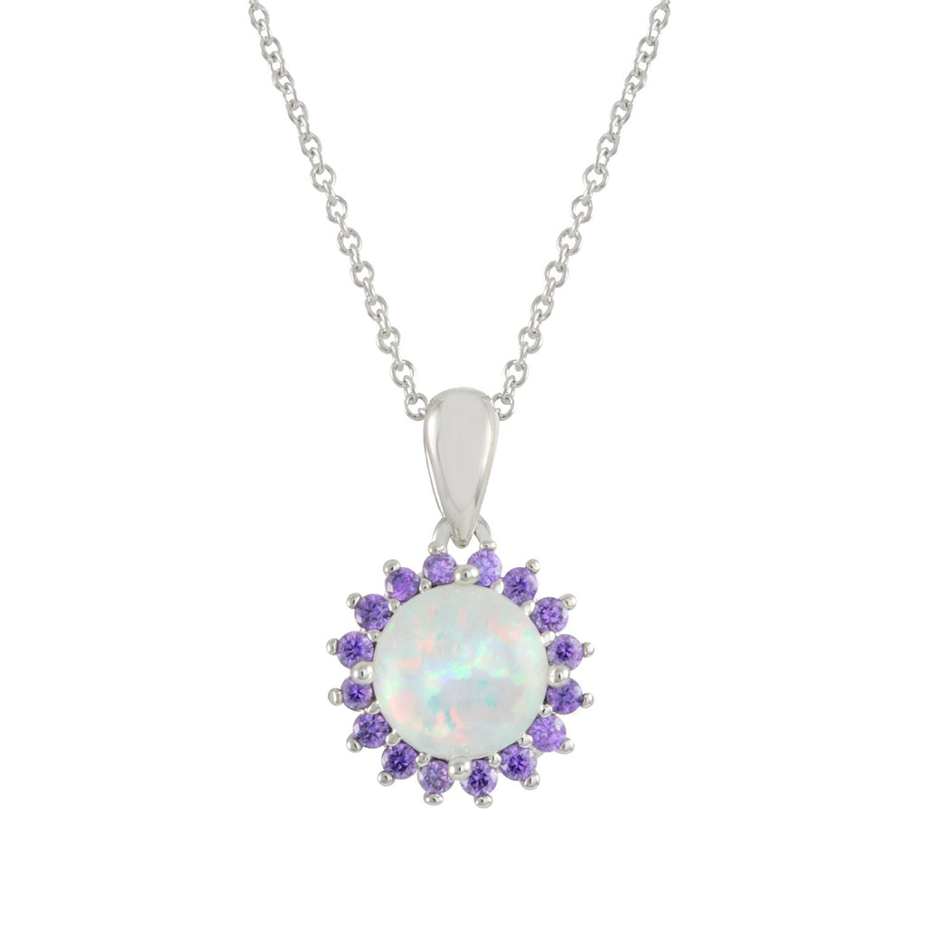 Mystic necklace with rhodium plating over brass, white opal &  amethyst cubic zirconia stones on 16"+3" cable chain