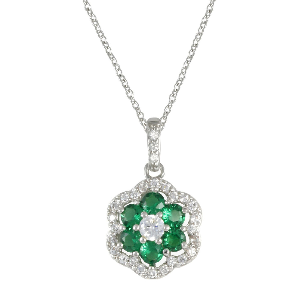 Promising necklace with rhodium plating over brass, emerald green spinel & white cubic zirconia stones on 16"+3" cable chain