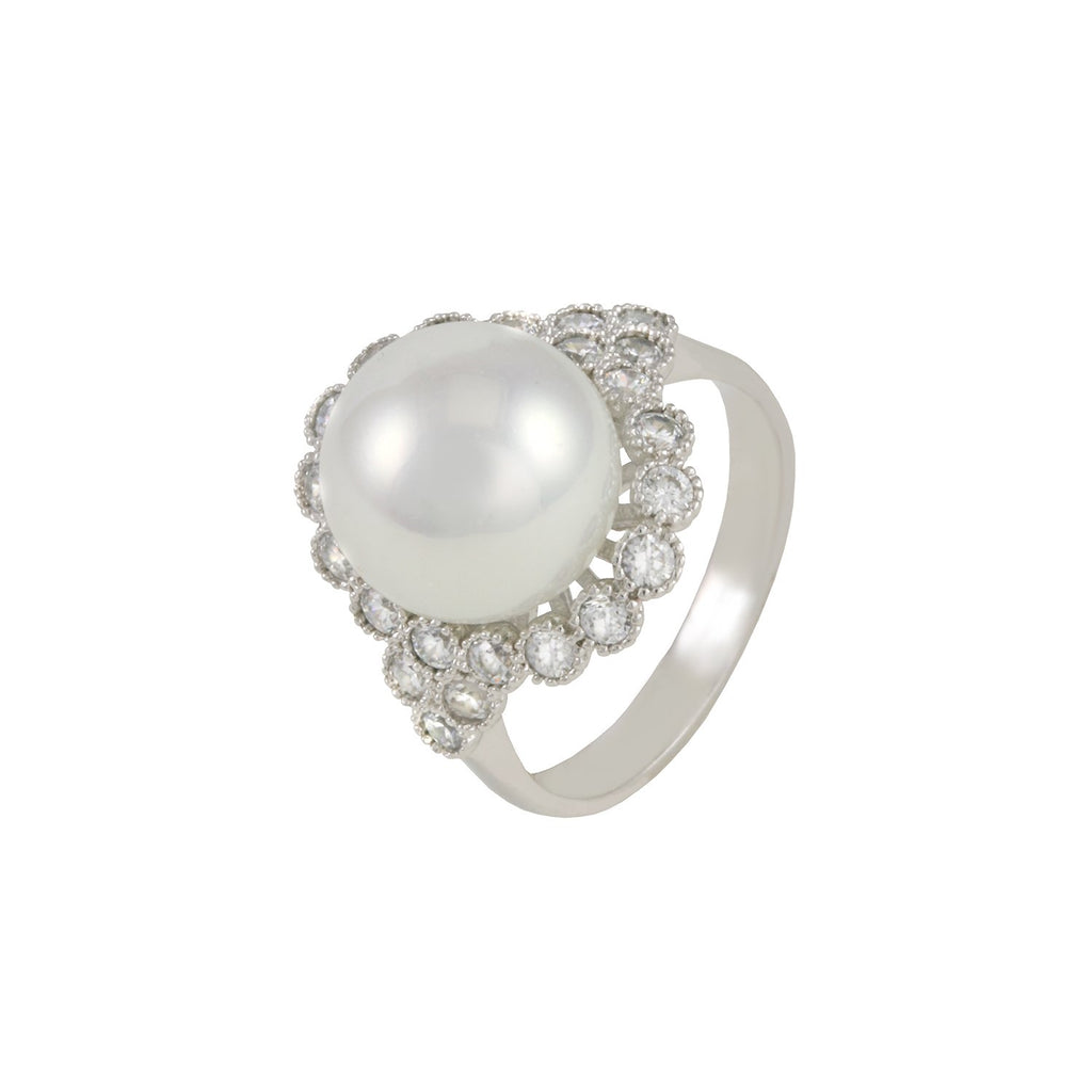 Sheeny ring with rhodium plating over brass, faux pearl & white cubic zirconia stones
