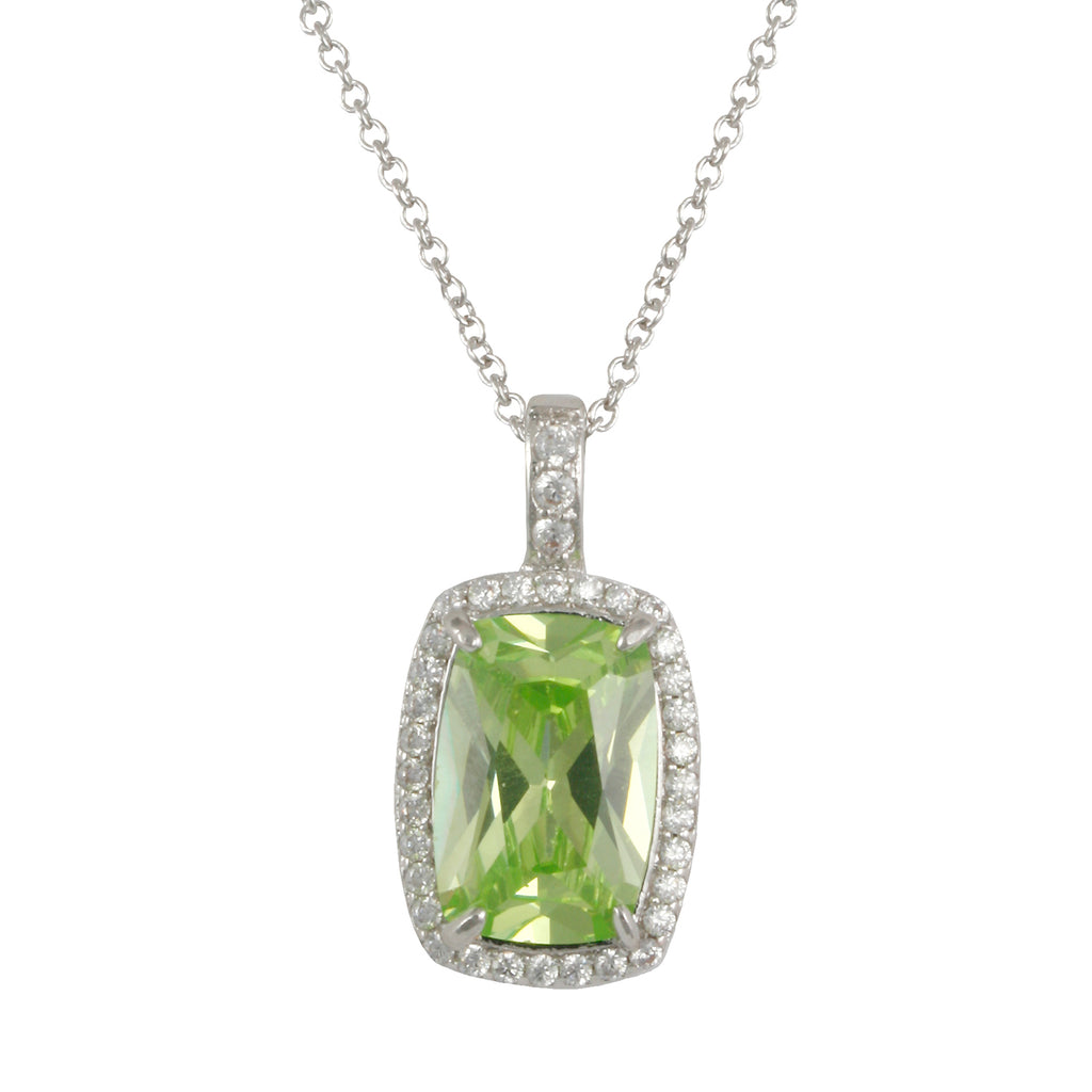 Fresh necklace with rhodium plating over brass, apple green & white cubic zirconia stones on 16"+3" cable chain