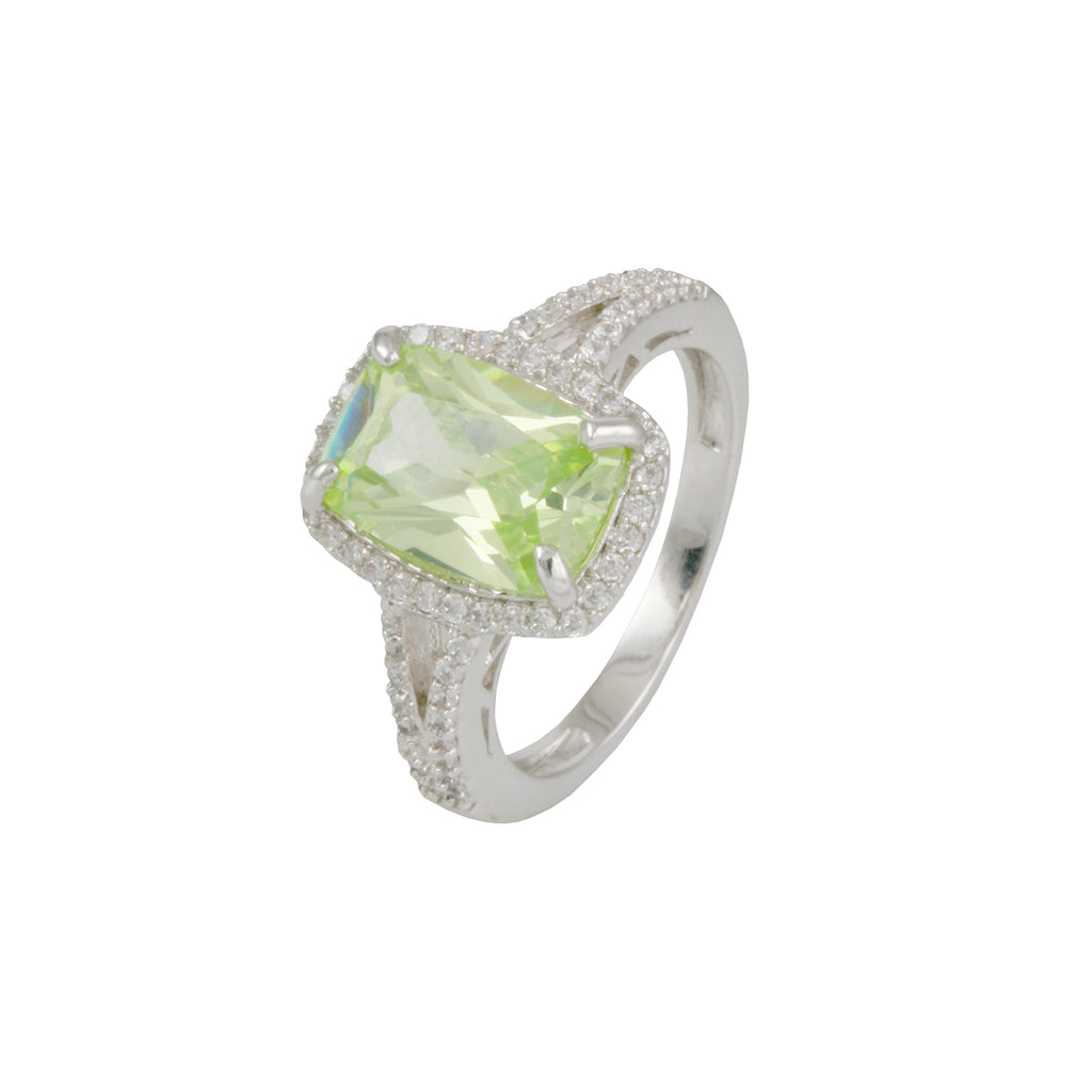 Fresh ring with rhodium plating over brass, apple green & white Cubic Zirconia stones. Sizes: 5-10