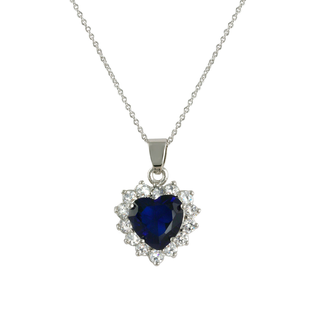 Regal necklace with rhodium plating over brass, sapphire glass & white cubic zirconia stones on 16"+3" cable chain