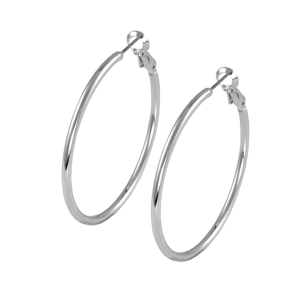silver audrey hoop earrings with rhodium/platinum plating over brass