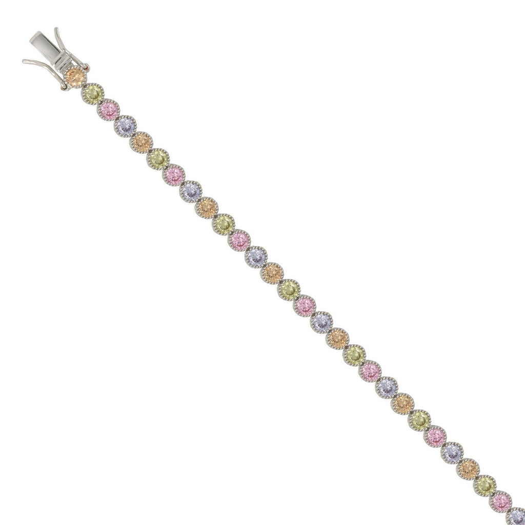 Adorable bracelet with rhodium plating over brass and multicolor cubic zirconia stones. Length: 7.25"