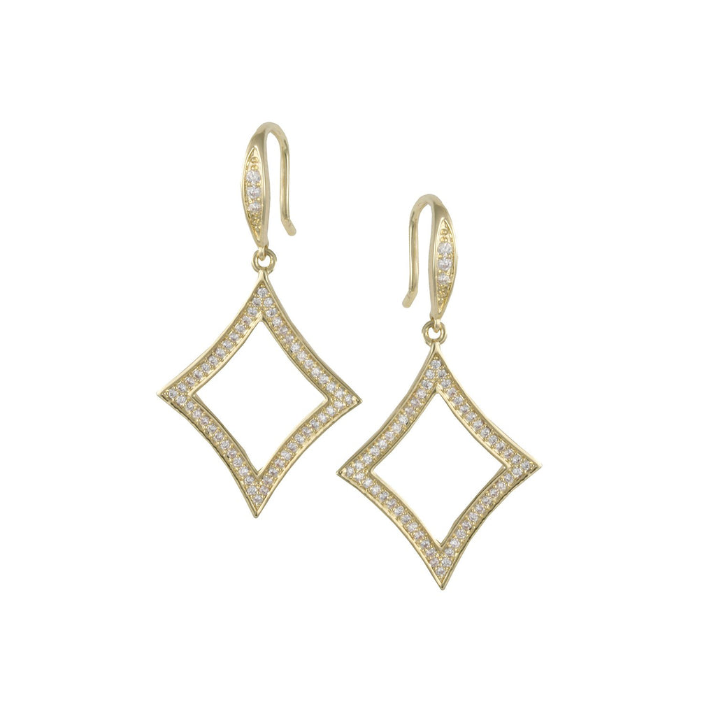 Appeal fish hook earrings with gold plating over brass & white cubic zirconia stones