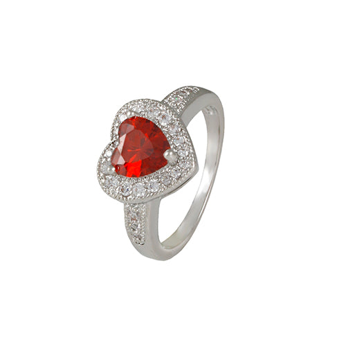 Awe ring with rhodium plating over brass, garnet and white cubic zirconia stones. 