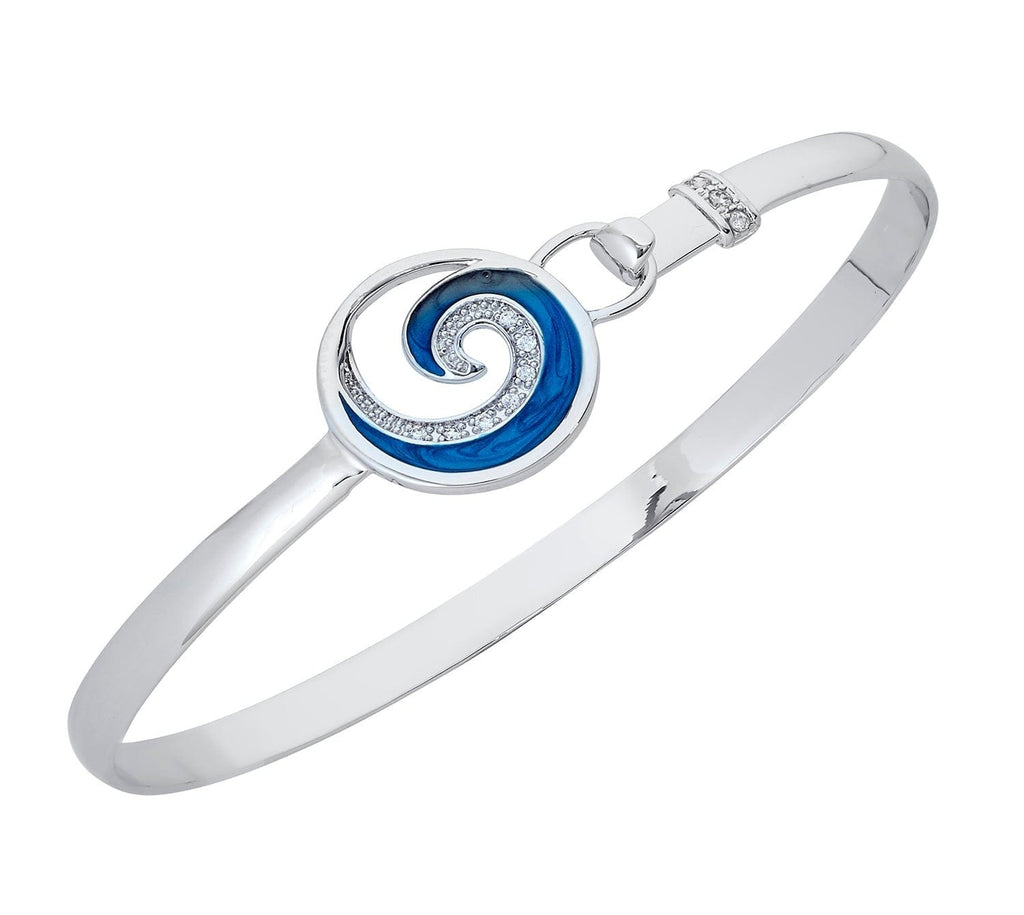 Wave bangle bracelet with platinum/rhodium plating over brass & white cubic zirconia stones & blue enamel