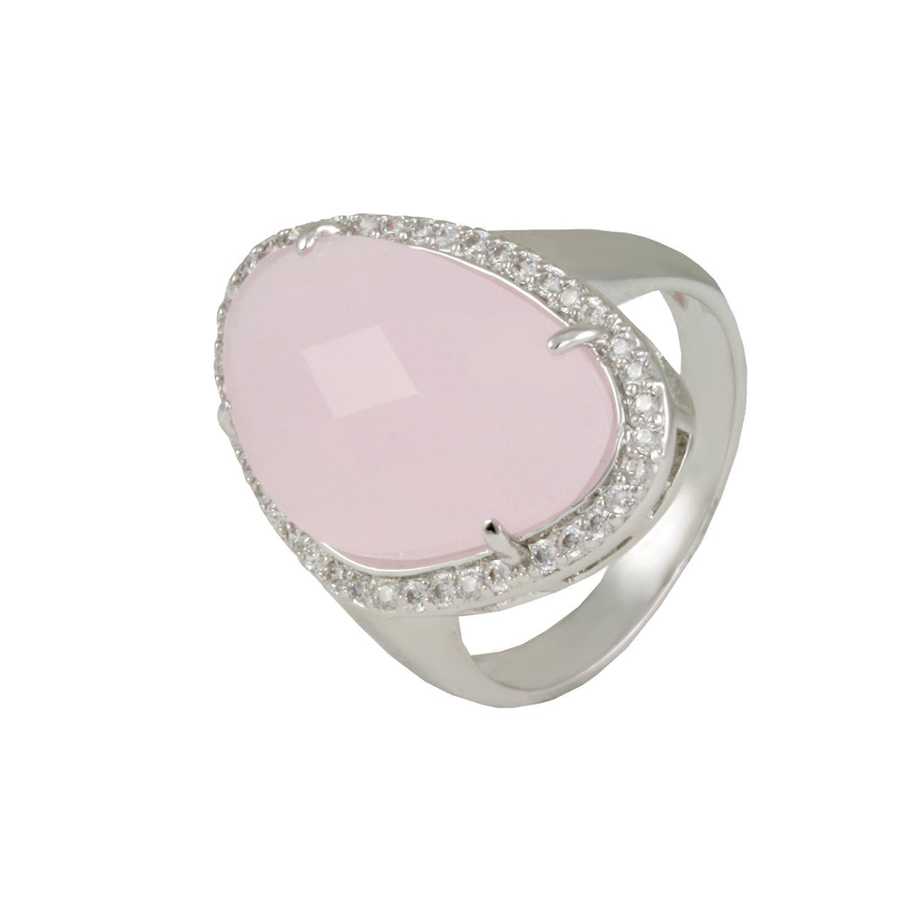 Blush ring with rhodium plating over brass, pink glass & white cubic zirconia stones. Sizes: 5-10