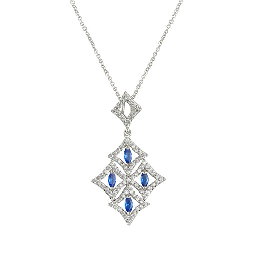 Celebration necklace with rhodium plating over brass, sapphire spinel & white cubic zirconia stones on 16"+3" cable chain