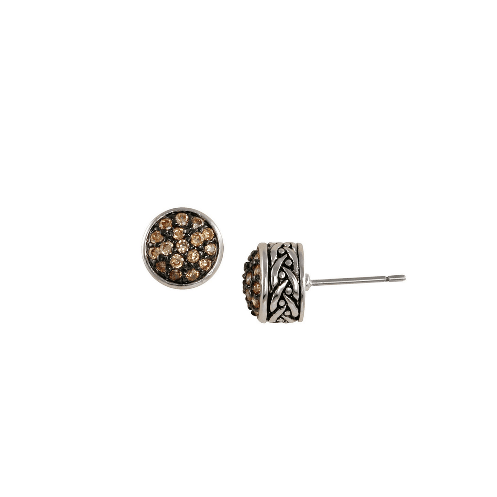 Champagne fearless stud earrings with antique rhodium plating over brass, champagne cubic zirconia stones and black rhodium under the stones