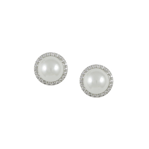 Classic earrings with rhodium plating over brass, faux pearl & white cubic stones