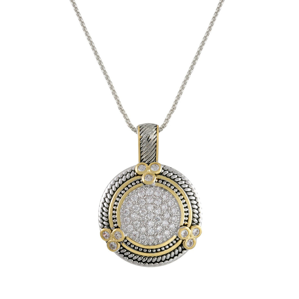 Courageous necklace with antique 2 tone plating over brass & white cubic zirconia stones on 16"+3" box chain