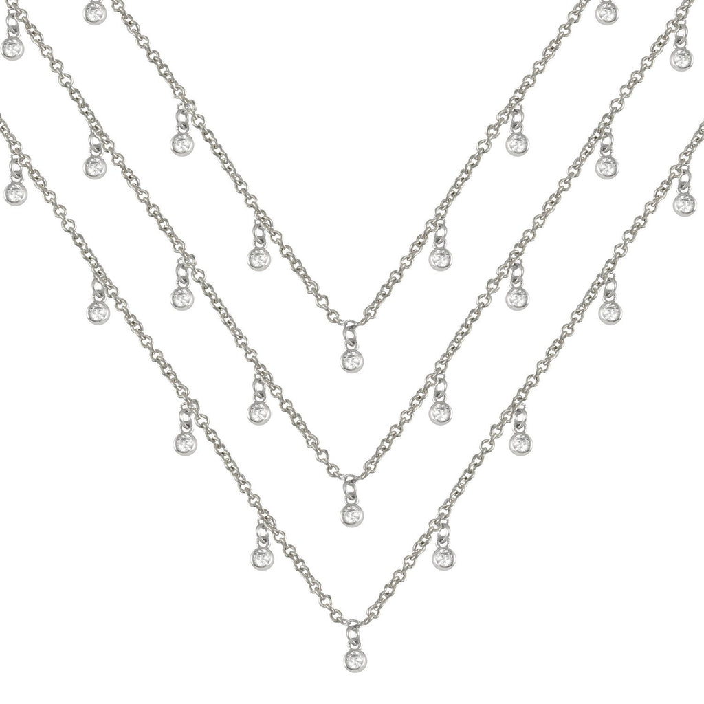 Falling Starts necklace with rhodium plating over brass & white cubic zirconia stones on 14", 16" & 18" +3" cable chains
