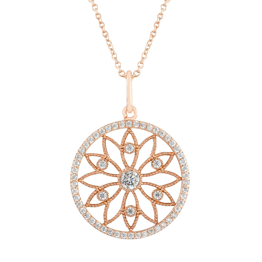 Flower necklace with rose gold plating over brass & white cubic zirconia stones on 16"+3" cable chain