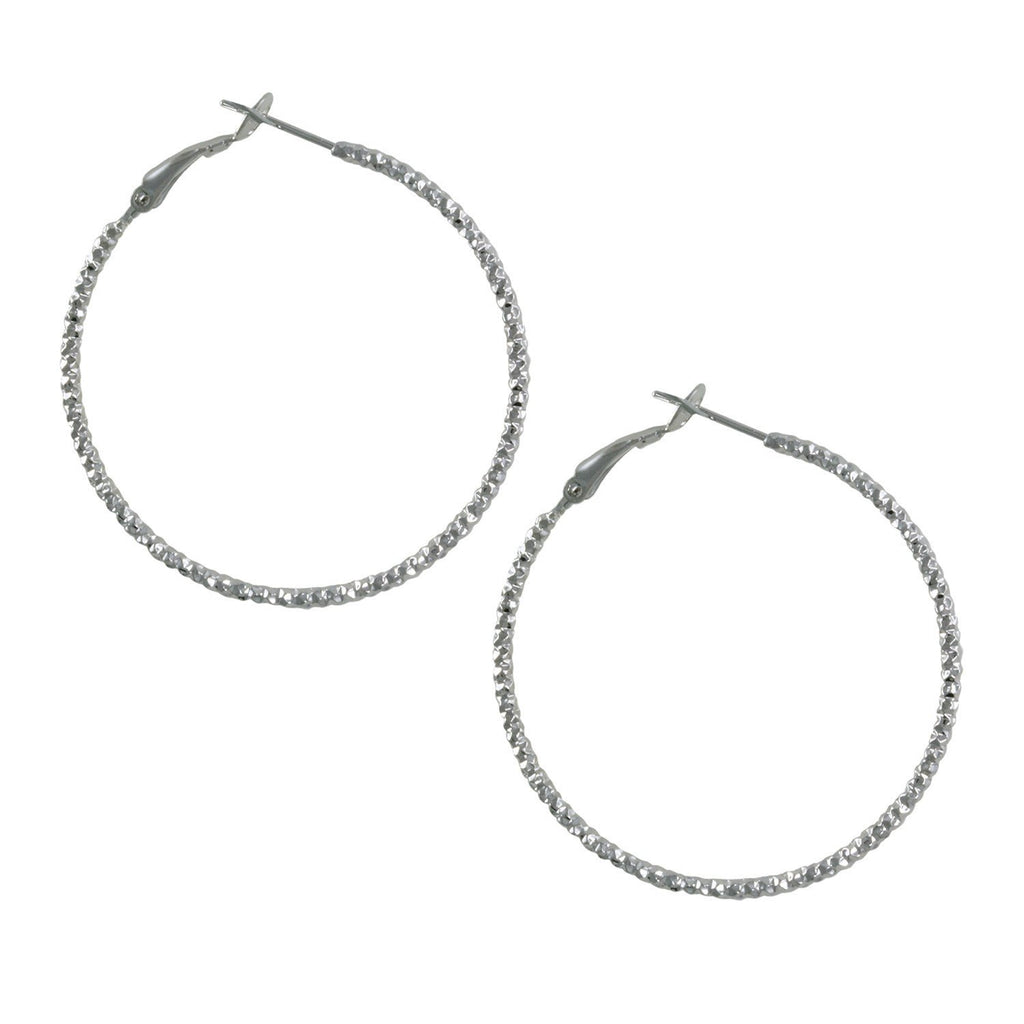 Fun hoop earring with rhodium plating over brass