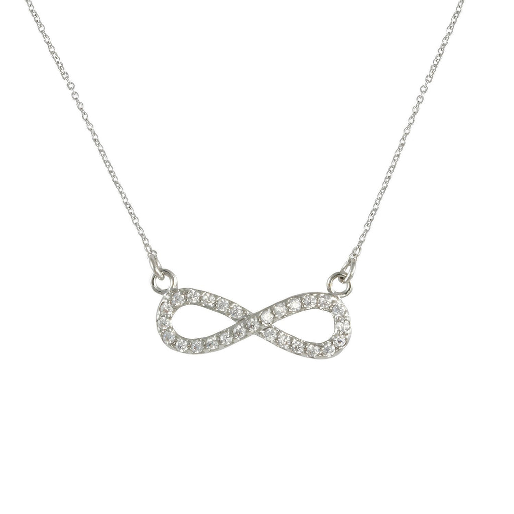 Infinity & Beyond necklace with rhodium plating over brass & white cubic zirconia stones on 16"+3" cable chain