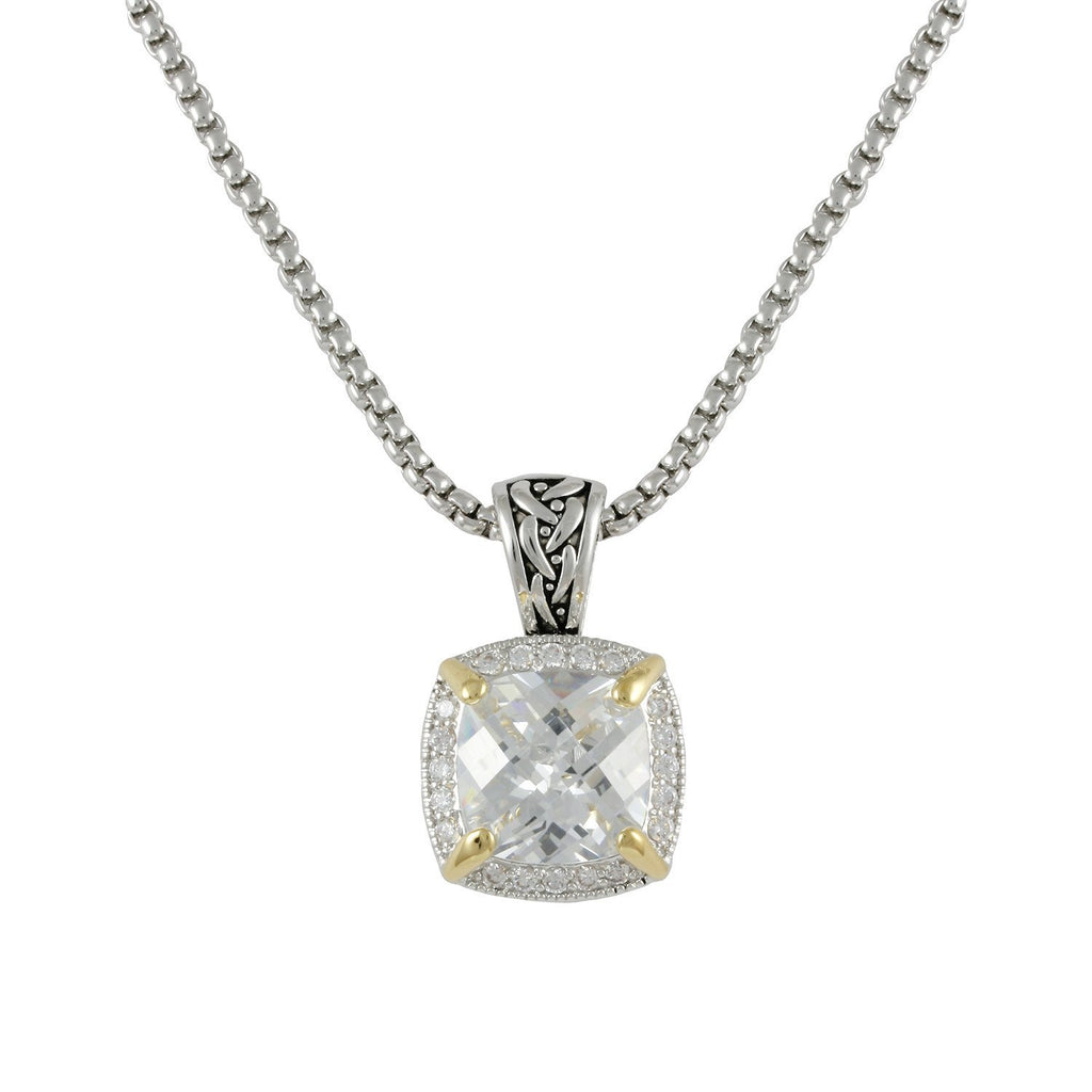 Luminescence necklace with 2 tone plating over brass & white cubic zirconia stones on 16"+3" box chain