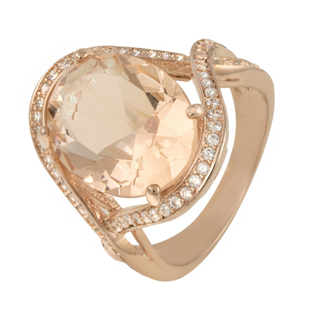 Masterpiece ring with rose gold plating over brass, morganite glass & white cubic zirconia stones