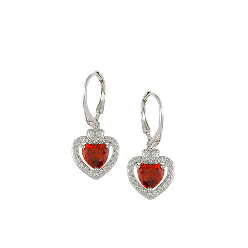 Pampered leverback earrings with rhodium plating over brass, garnet and white cubic zirconia stones
