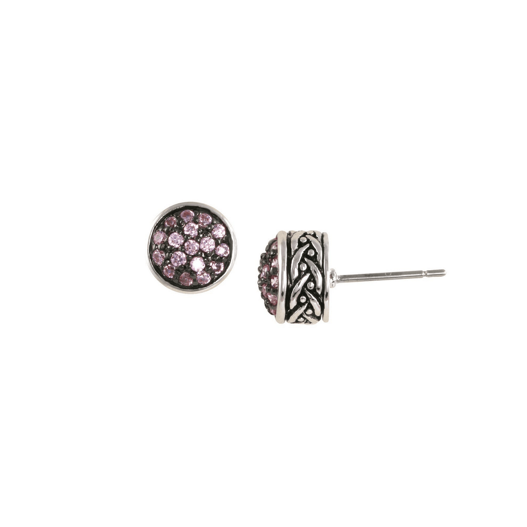 Pink fearless stud earrings with antique rhodium plating over brass, garnet cubic zirconia stones & black rhodium under the stones