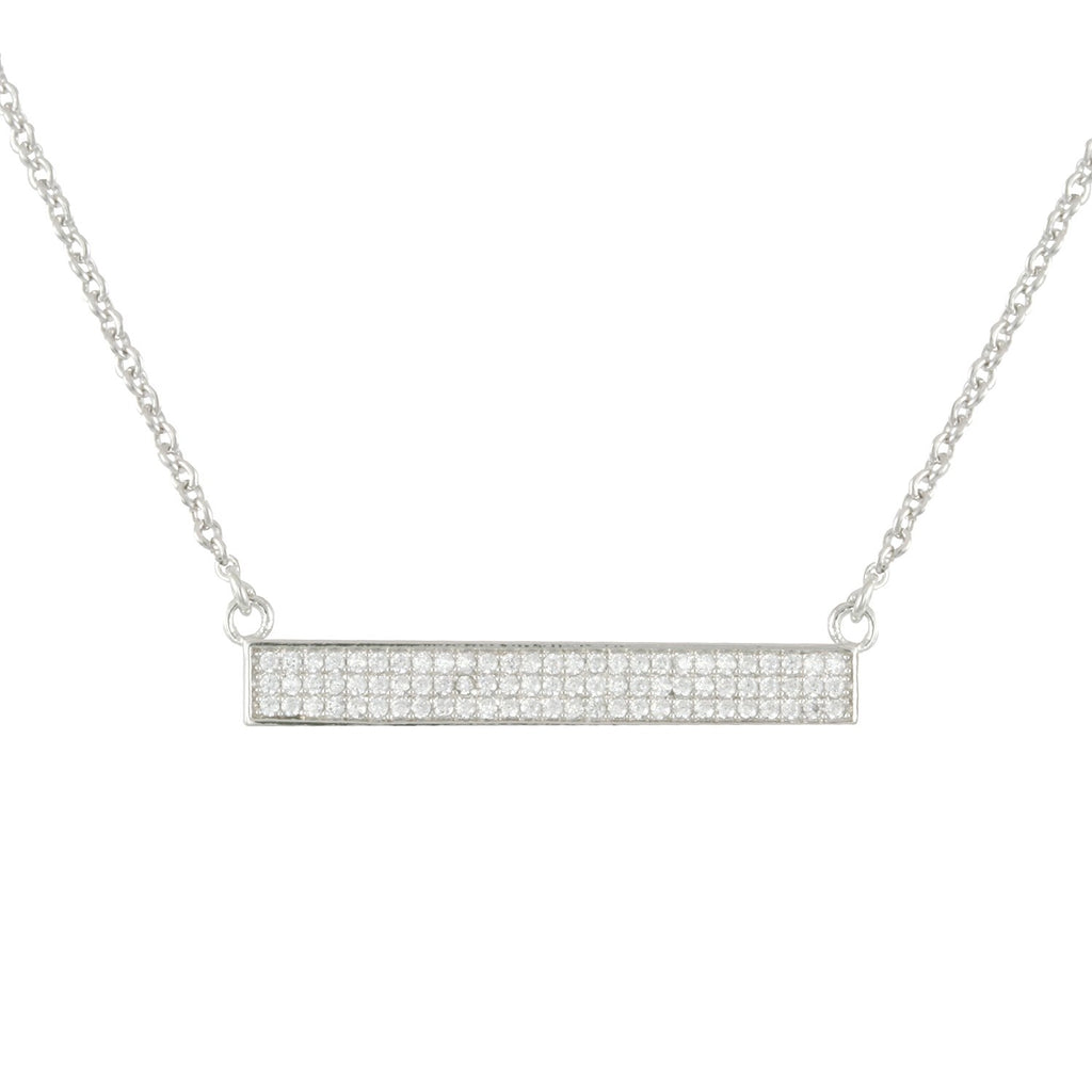 Power Bar necklace with rhodium plating over brass & white cubic zirconia stones on 16"+3" cable chain