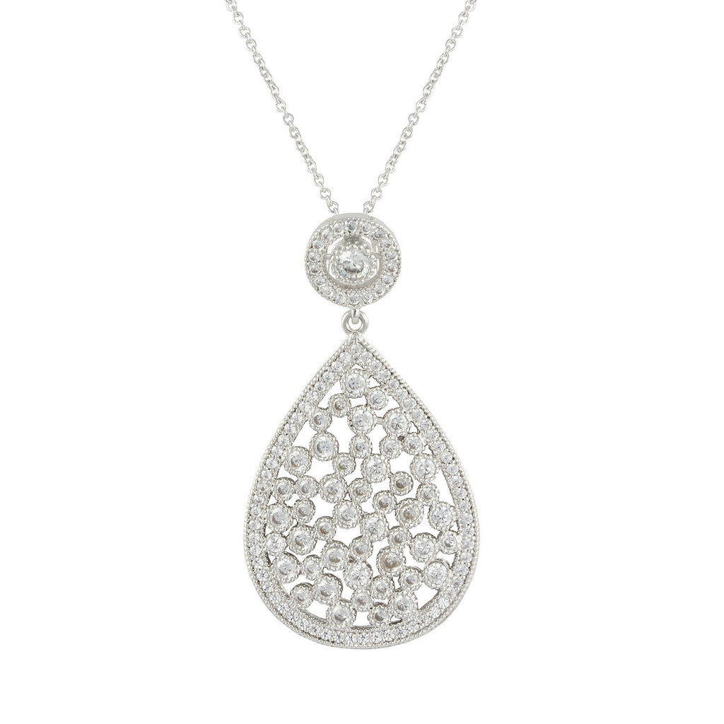 Provocative necklace with rhodium plating over brass & white cubic zirconia stones on 16"+3" cable chain