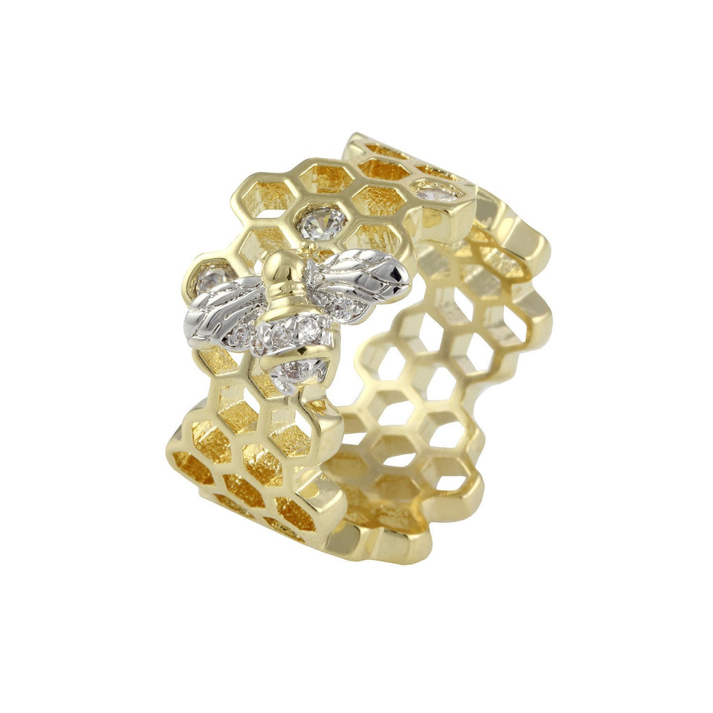 Queen Bee ring with 2 tone plating over brass & white cubic zirconia stones
