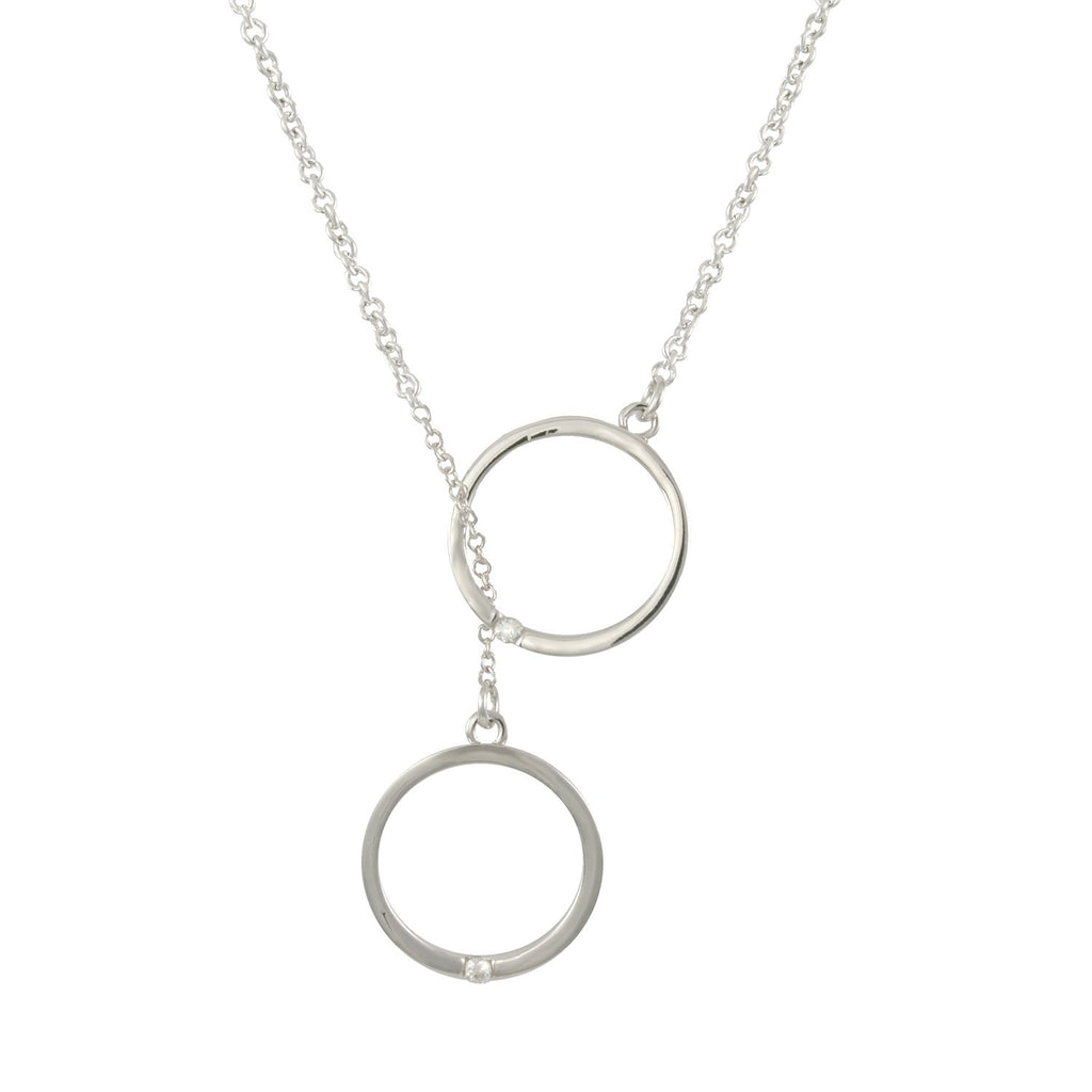 Skip Hop Away necklace with rhodium plating over brass & white cubic zirconia stones on 16"+3" cable chain