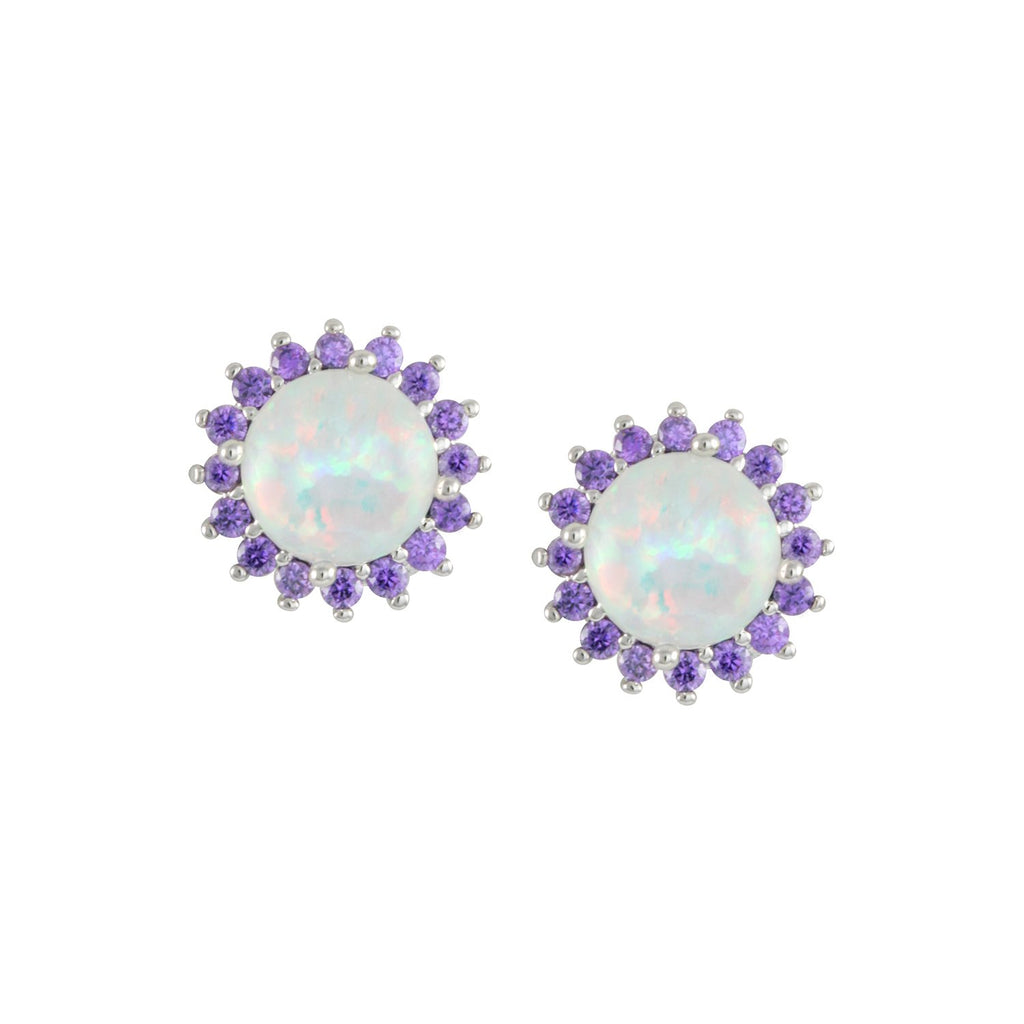 Sunburst earrings with rhodium plating over brass, white opal & amethyst cubic zirconia stones