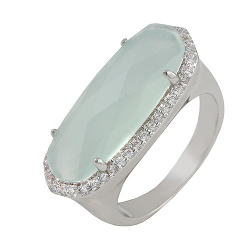 Thrill ring with rhodium plating over brass, white cubic zirconia & light green glass stones