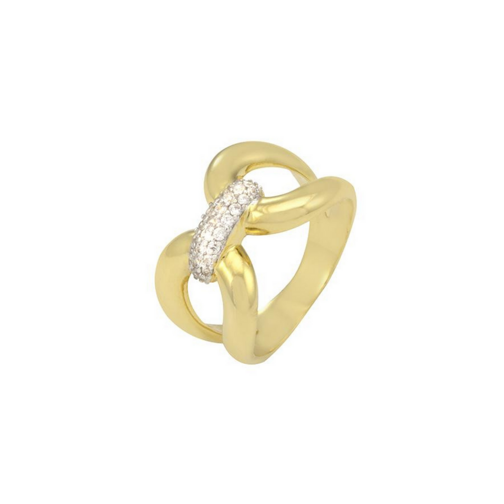 Thrive ring with rhodium plating over brass & white cubic zirconia stones. Sizes: 6-10
