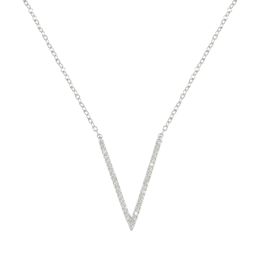 Victory necklace with rhodium plating over brass & white cubic zirconia stones on 16"+3" cable chain