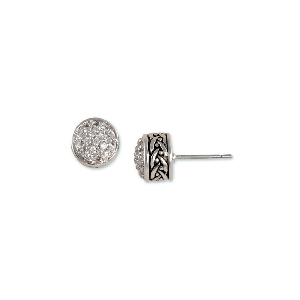 White fearless stud earrings with antique rhodium plating over brass & white cubic zirconia stones
