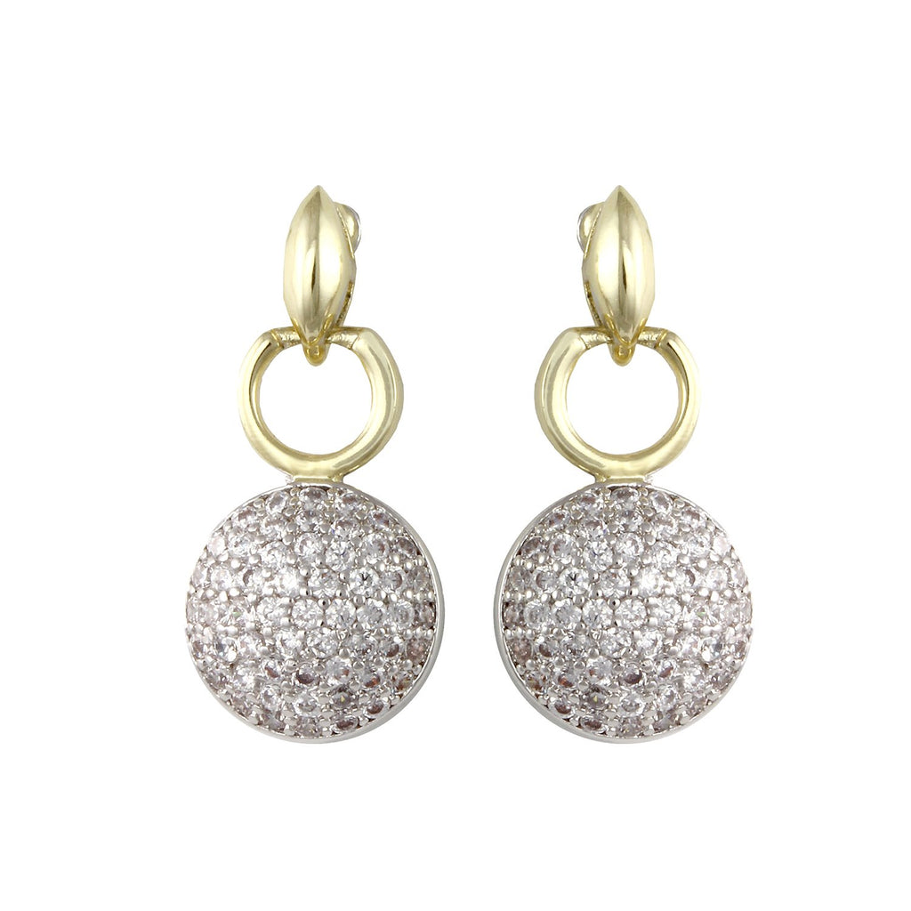 Bauble earrings with 2 tone plating over brass & white cubic zirconia stones