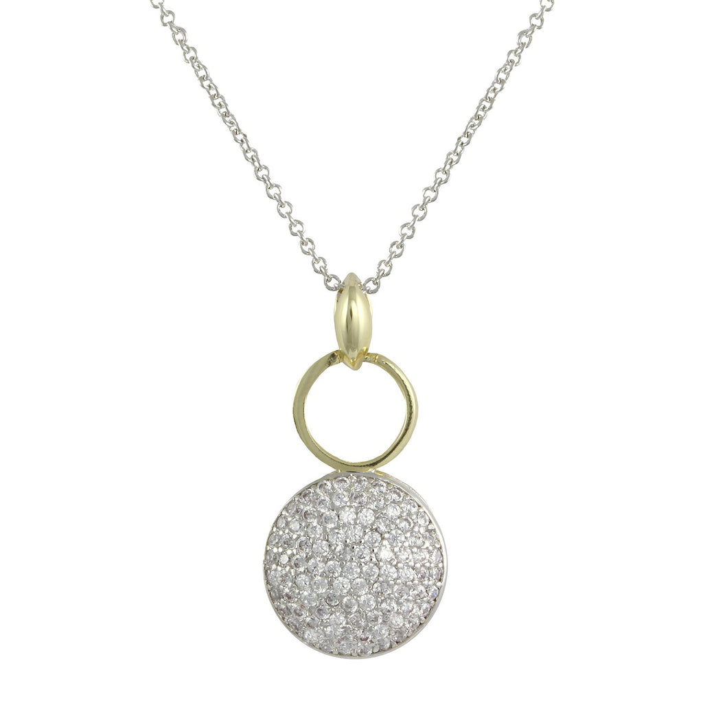 Bauble necklace with 2 tone plating over brass & white cubic zirconia stones on 16"+3" cable chain