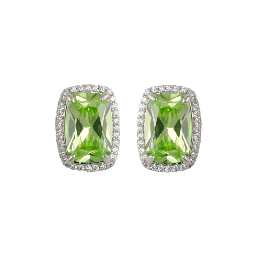 Fresh pierced earrings with rhodium plating over brass, apple green & white cubic zirconia stones