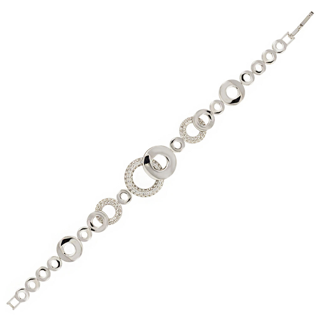 Mesmerizing bracelet with rhodium plating over brass and white zirconia stones. Length: 7.25"