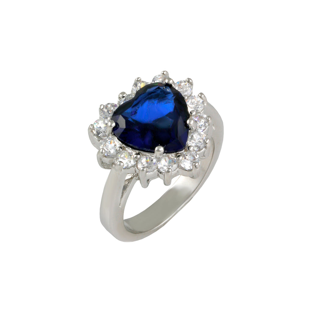 Regal ring with rhodium plating over brass, sapphire glass and white cubic zirconia stones. Sizes 5-10